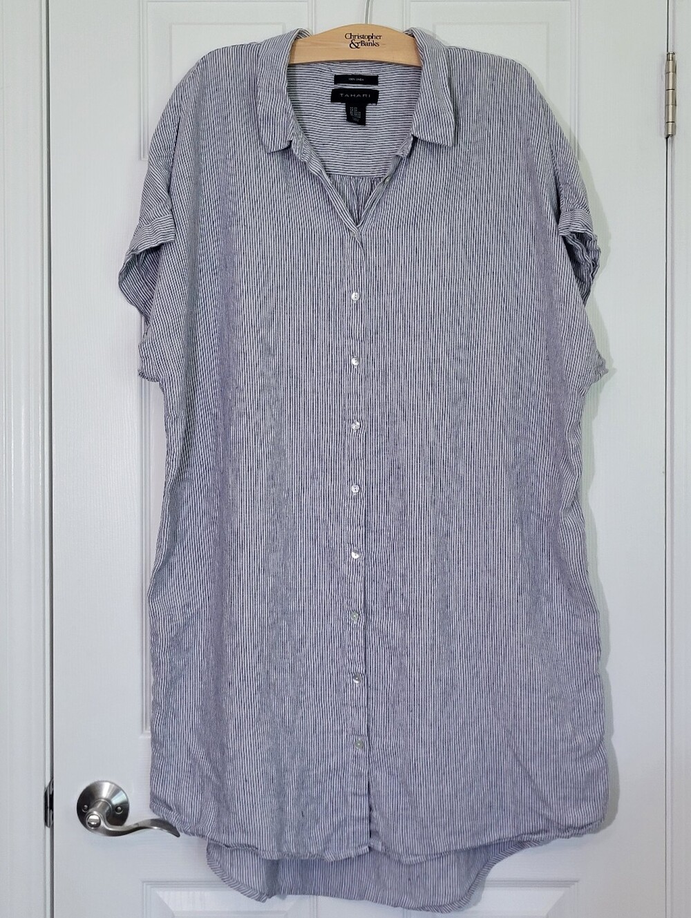 Tahari Blue and White Striped Linen Shirt Dress Plus Size 2x Preppy Coastal